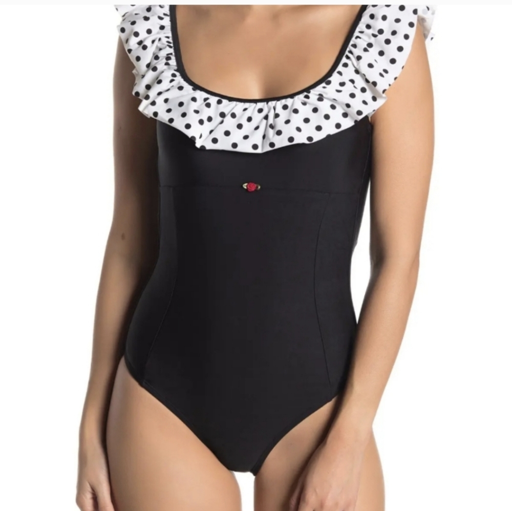 Betsey Johnson, Dots Amore, one piece  black swimsuit size Medium
